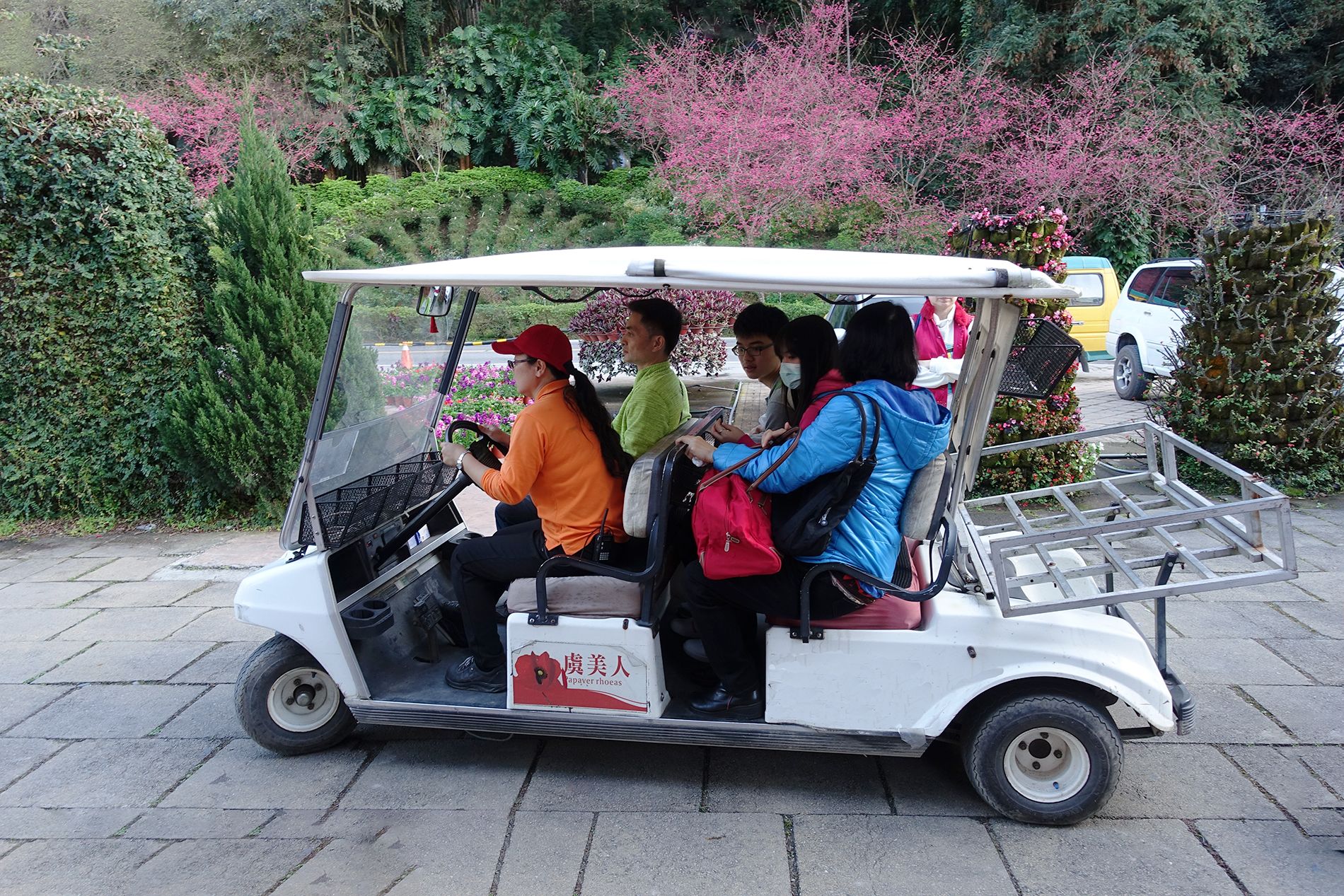 Un piccolo golf cart bianco con passeggeri, parcheggiato su una superficie pavimentata con vegetazione e fiori sullo sfondo.