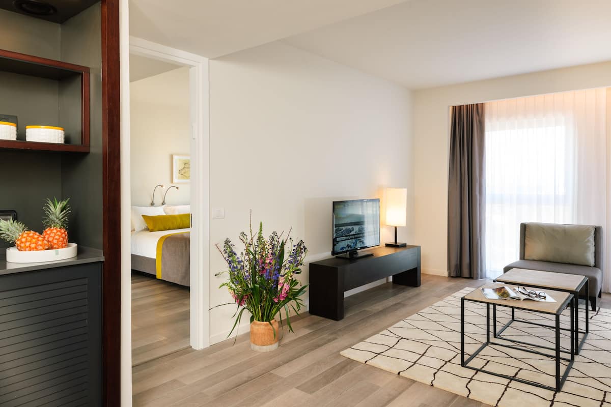 Een moderne hotelkamer met een bed, een televisie, een zithoek met een tafeltje, en een potplant.