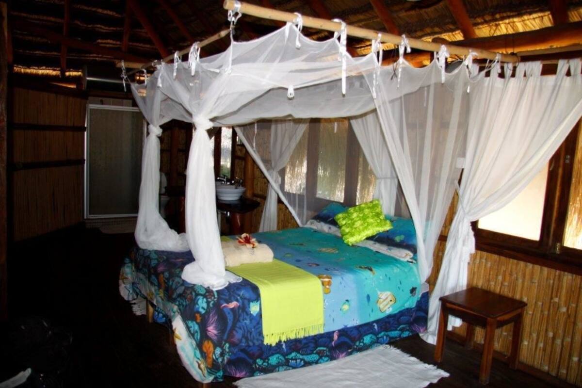 A bed with a canopy, a bedside table, and a window with curtains.
