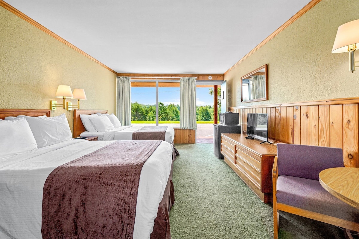 Quarto de hotel com duas camas, uma escrivaninha com televisão e vista para o verde através de amplas janelas.