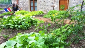 A garden with various plants and a stone building with wooden doors and windows. - Il Seicento - Hostel (Sernio)