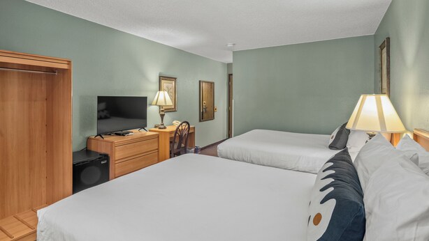 Habitación de hotel con dos camas, un escritorio, un televisor, una lámpara y un armario.