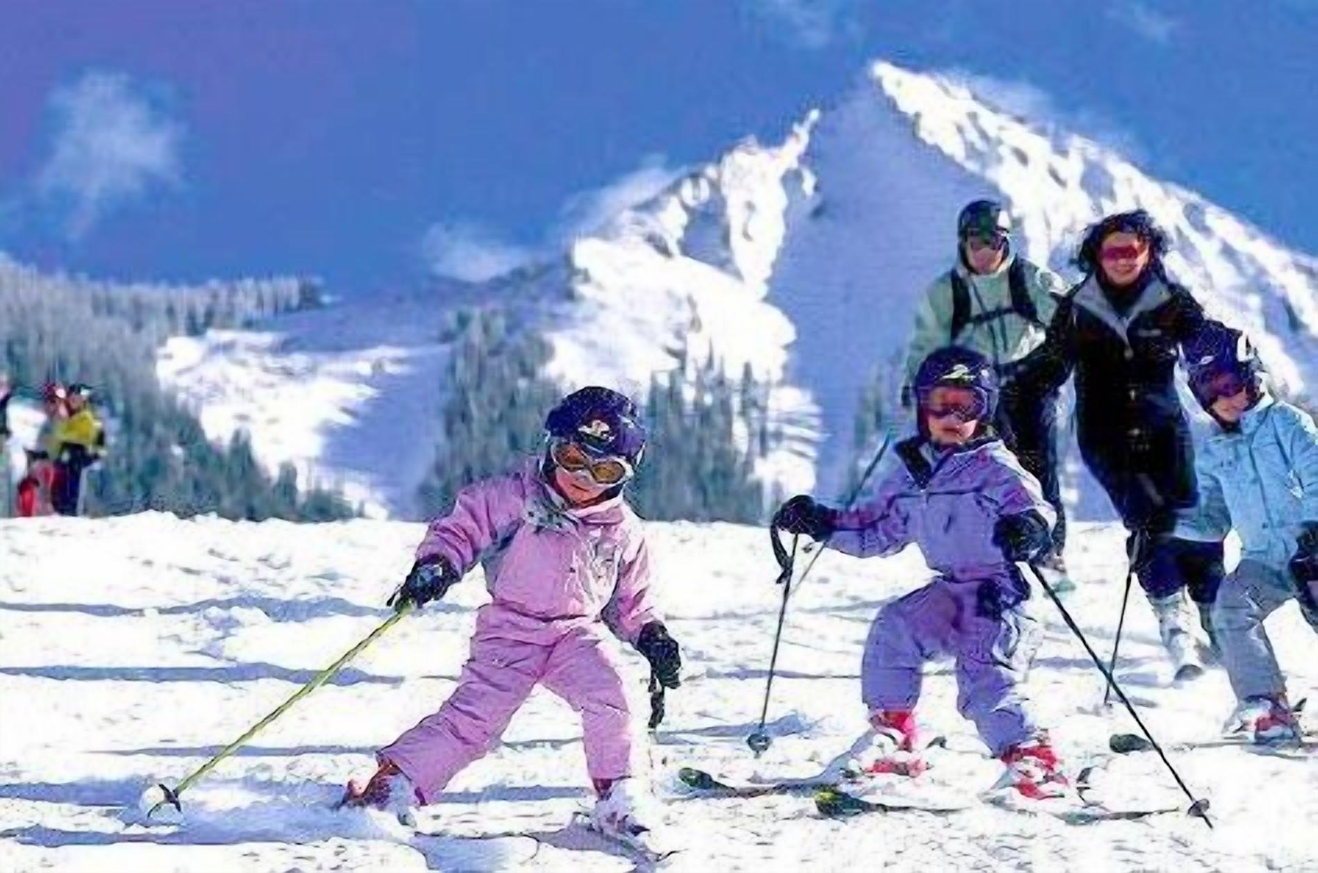 Eine Gruppe von Skifahrern auf einem verschneiten Hang, im Hintergrund Berge.