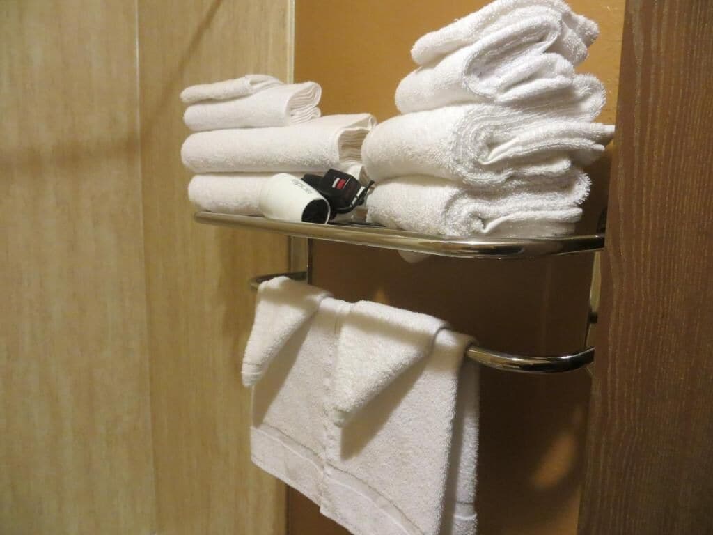 combined shower/bathtub, hair dryer, towels