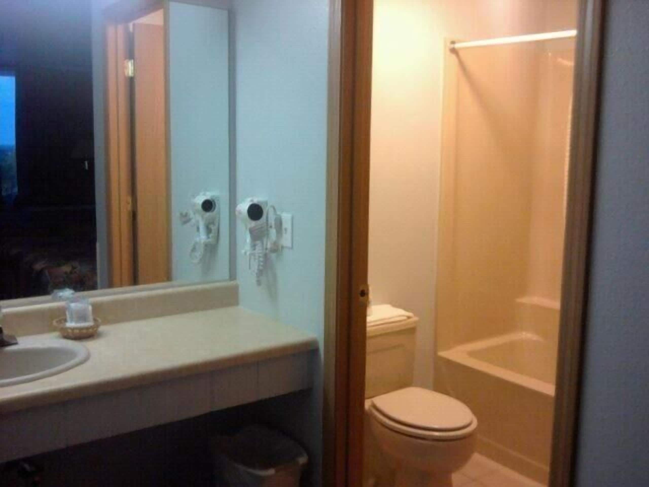 A bathroom with a sink, mirror, toilet, and shower.
