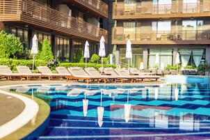 Indoor pool, outdoor pool, sun loungers