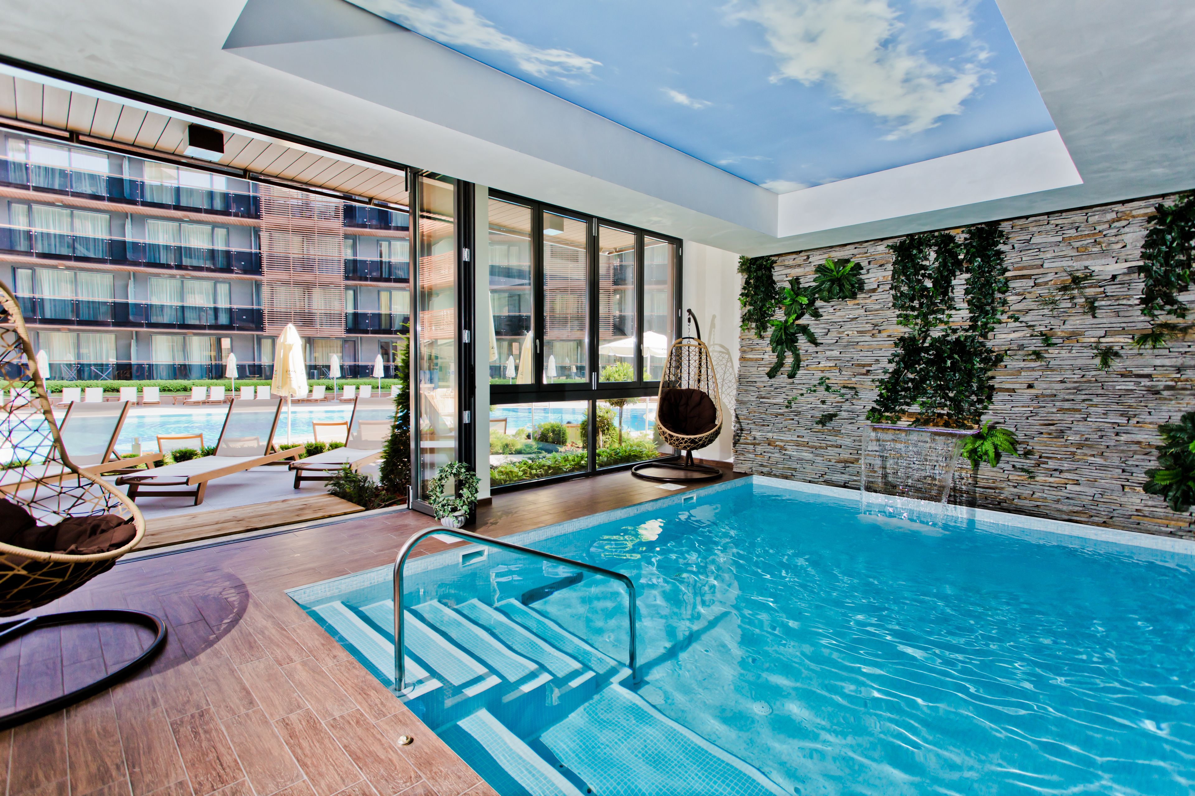 Indoor pool, outdoor pool, sun loungers