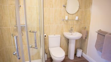 Un baño con cabina de ducha de vidrio, inodoro, lavamanos y espejo.