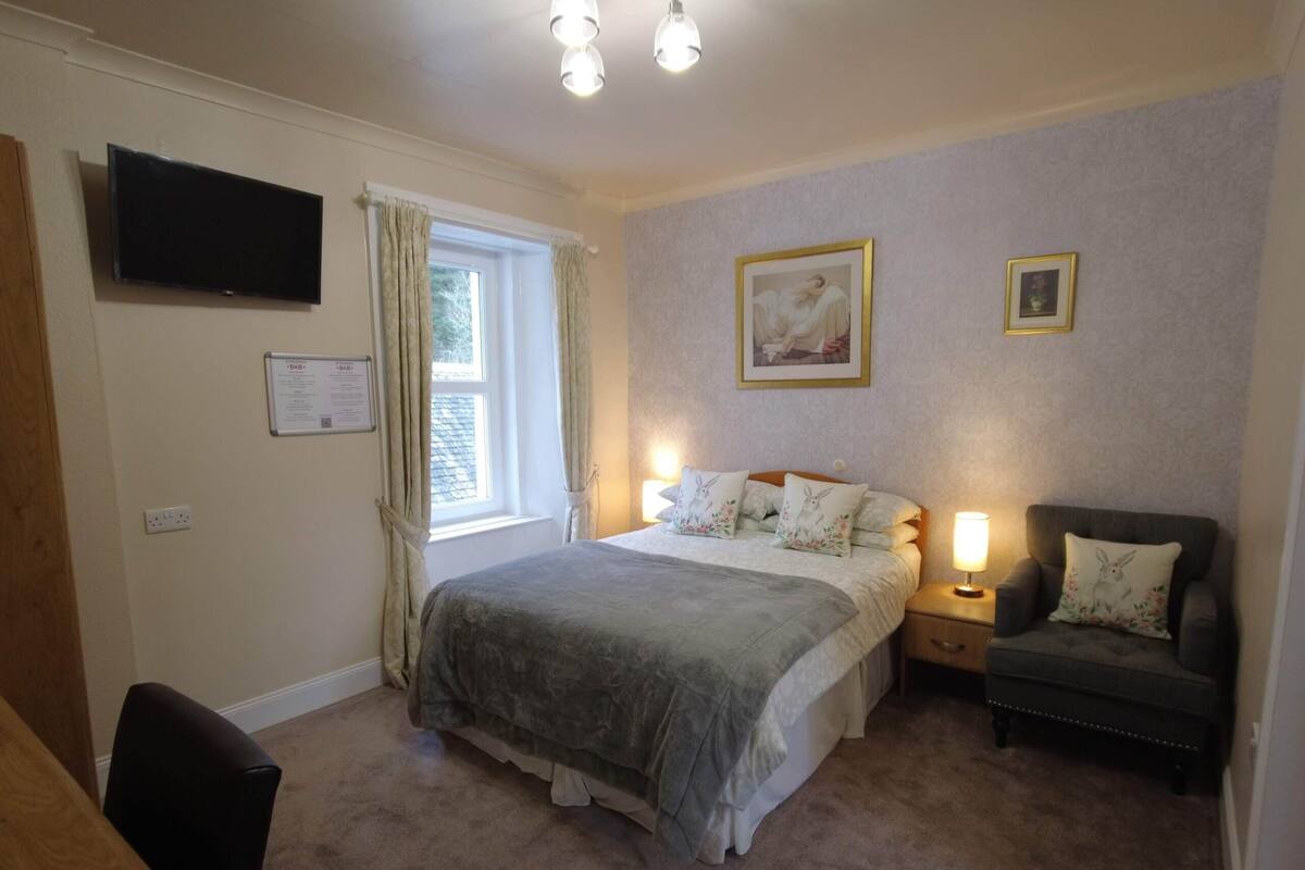 A bedroom with a bed, bedside lamps, a chair, a TV, and a window with curtains.