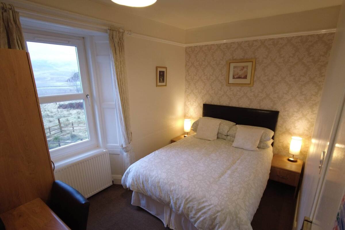 A bedroom with a large bed, two bedside lamps, a window with curtains, a radiator, and a framed picture on the wall.