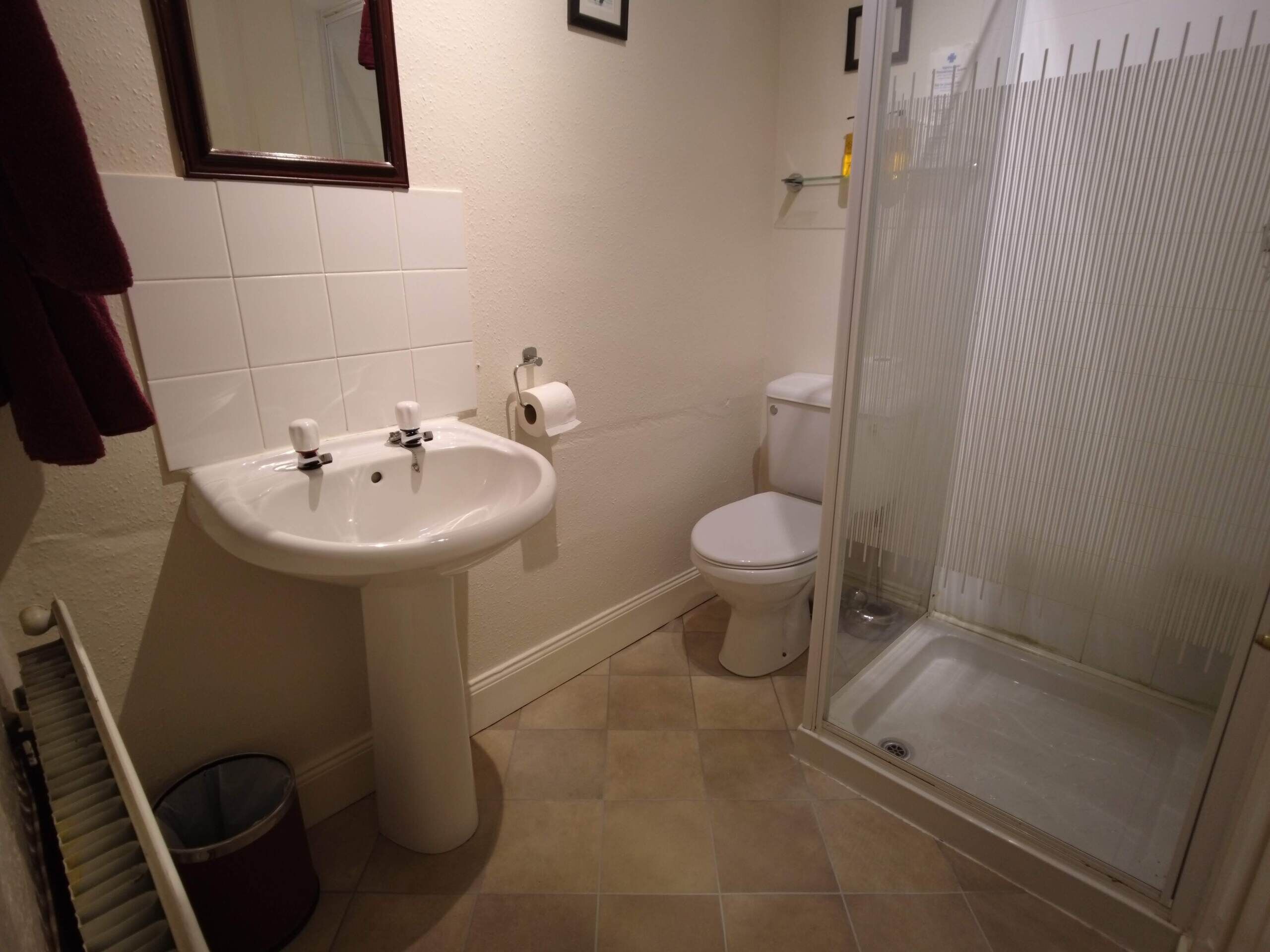 A bathroom with a sink, toilet, and glass shower enclosure.