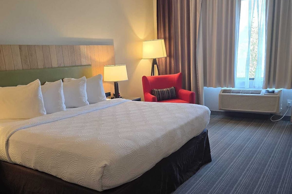 A hotel room with a large bed, a red armchair, a desk with a lamp, and a window with curtains.