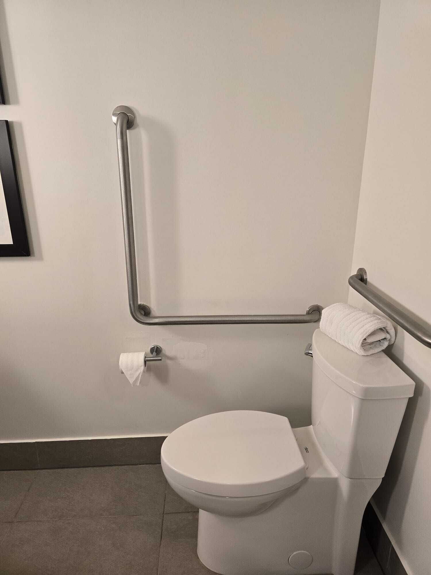 A white toilet with a handrail, a roll of toilet paper, and a towel on the tank.
