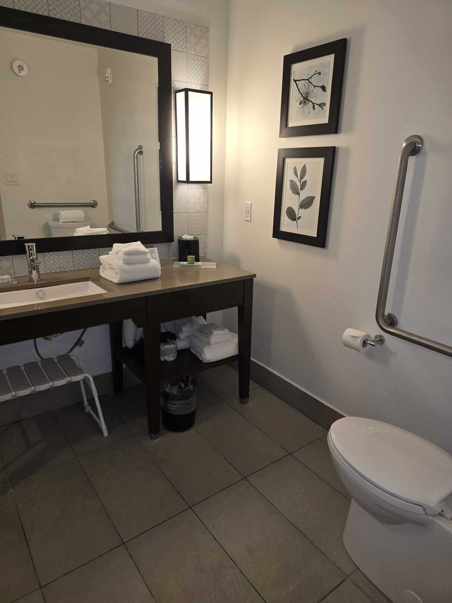 Un baño con lavamanos, espejo, inodoro y una obra de arte enmarcada en la pared.