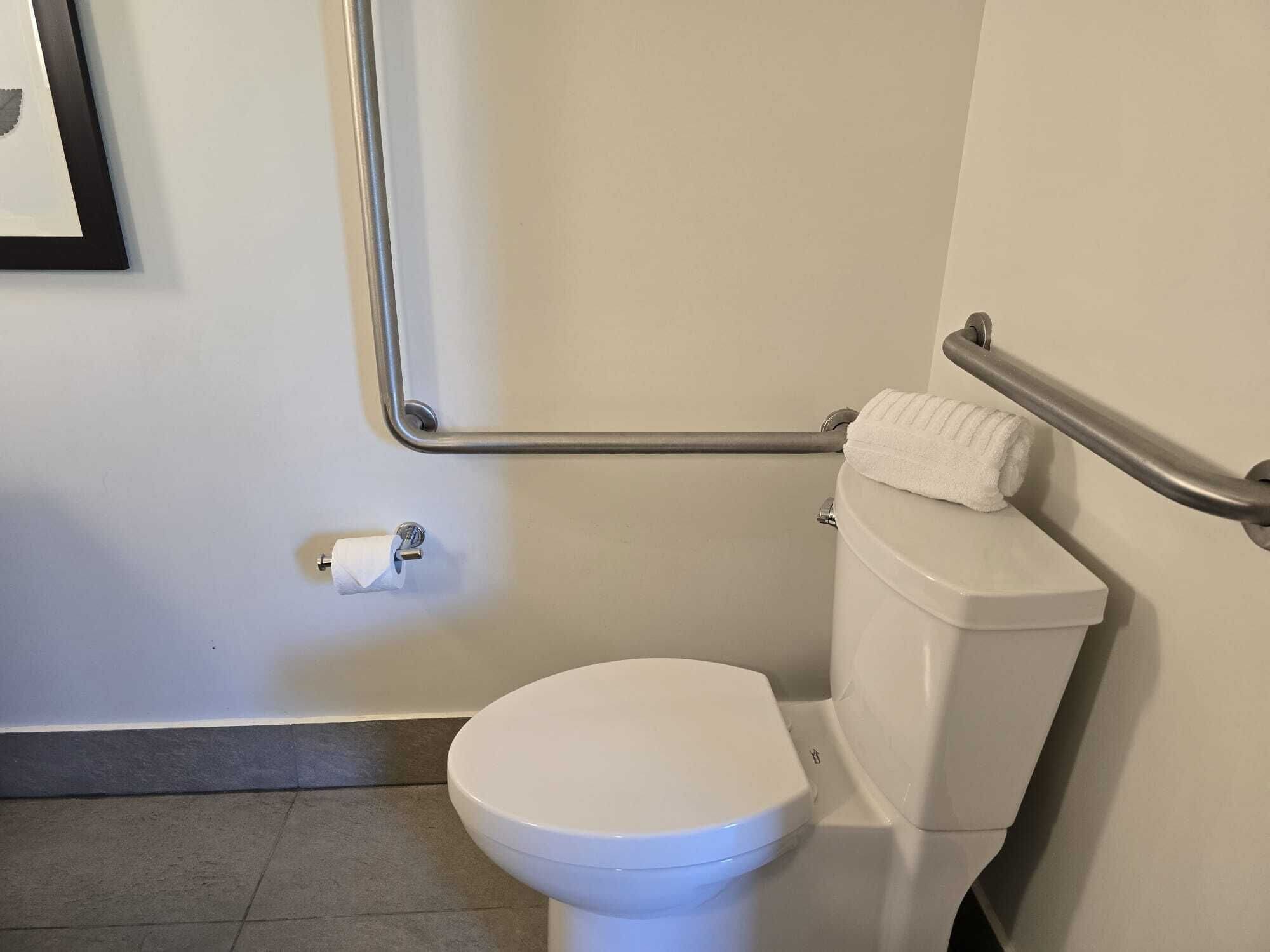 Een wit toilet met een handgreep, een handdoek op de tank en een wc-papierhouder aan de muur.