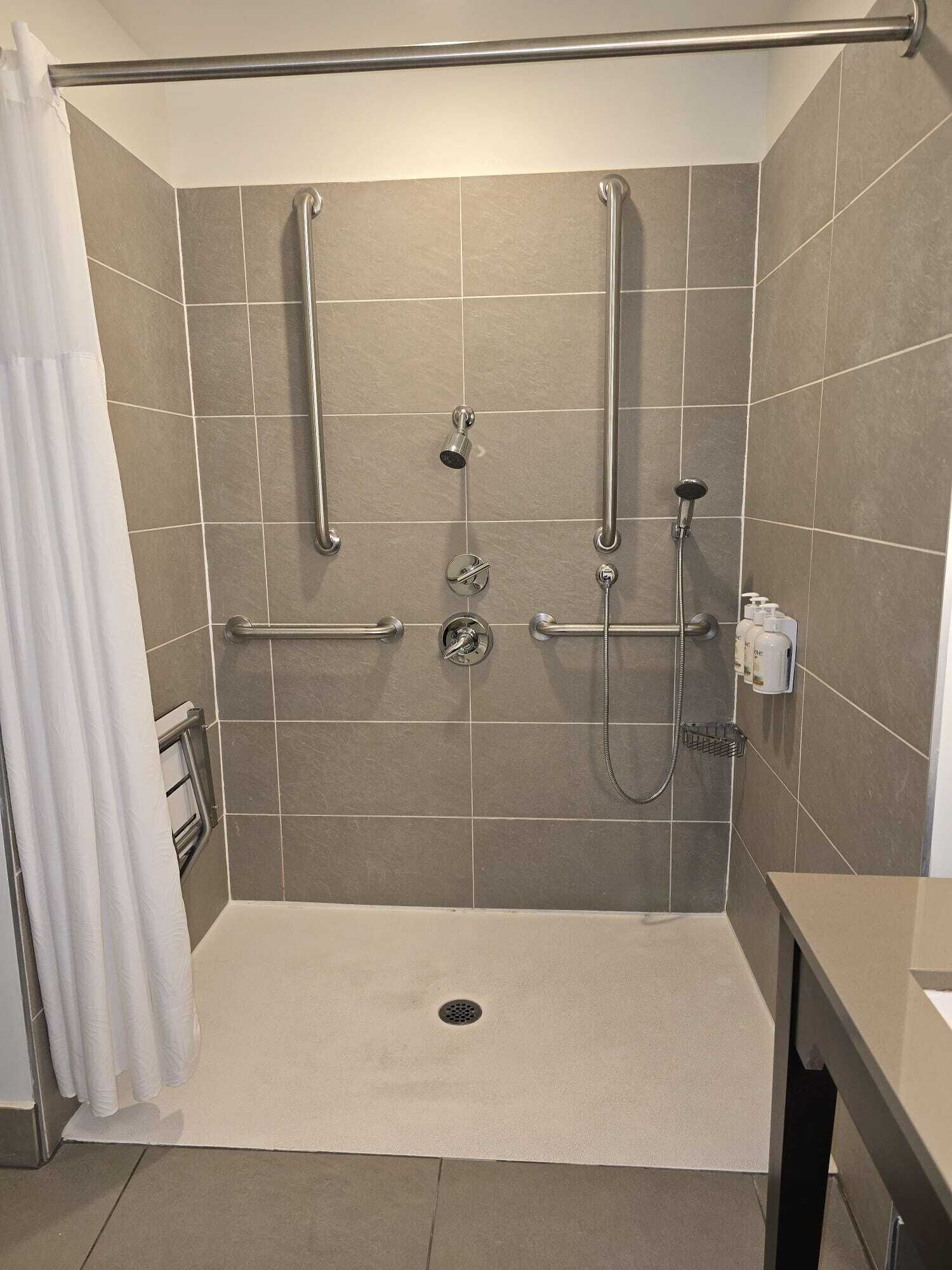 A shower area with a grab bar, a handheld showerhead, and a wall-mounted faucet.