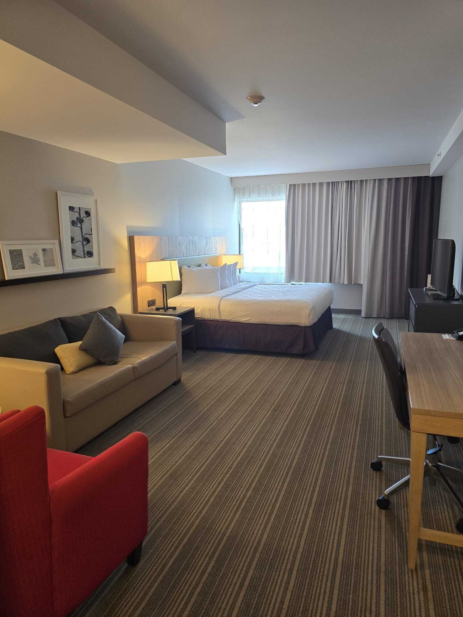 Une chambre d’hôtel équipée d’un lit, d’un bureau, d’une chaise, d’un canapé et d’une télévision.