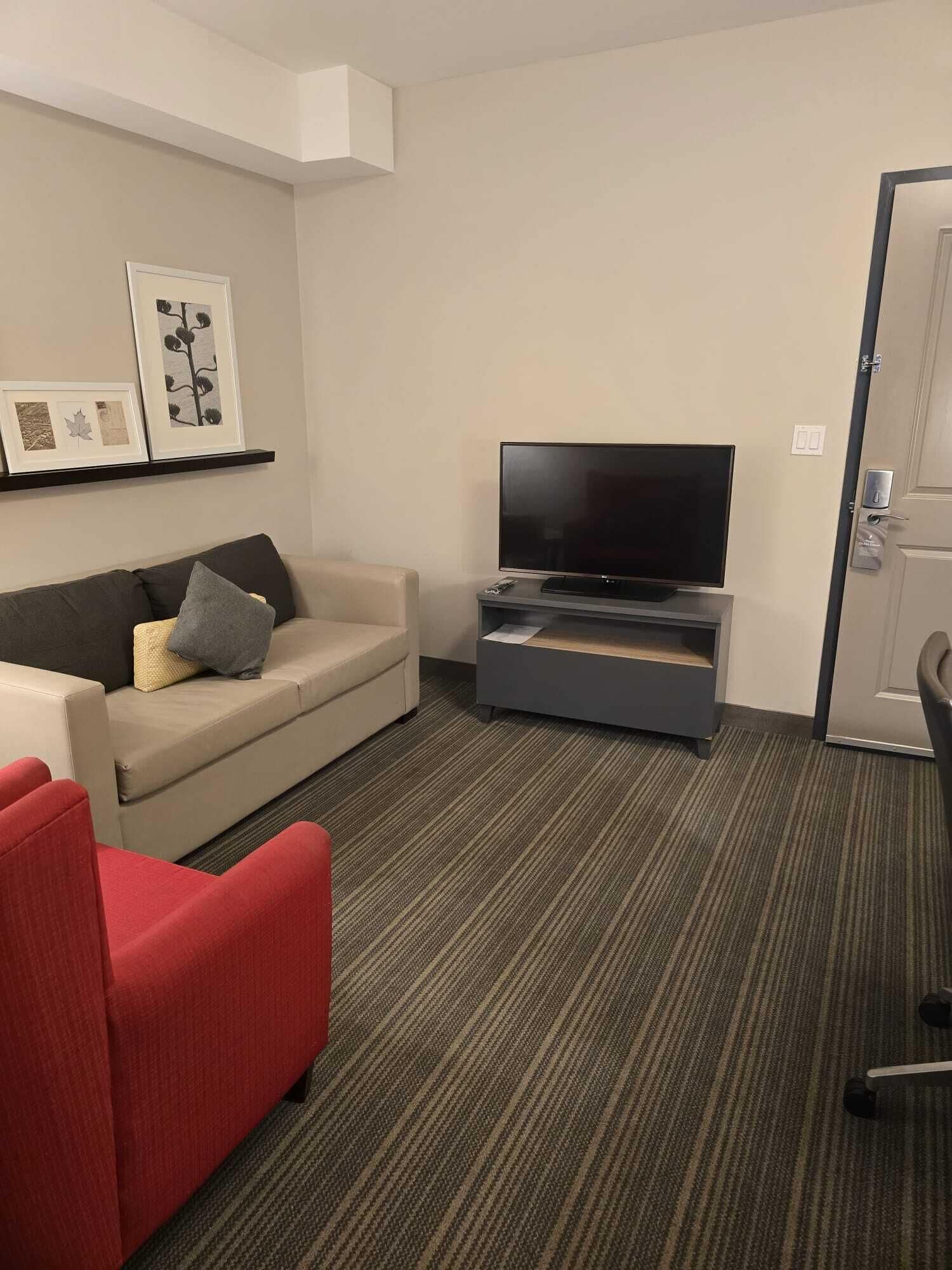 A hotel room with a sofa, a red chair, a TV, a carpeted floor, and a door.