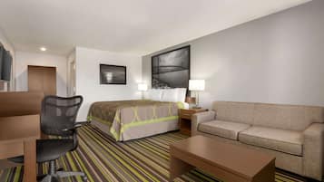 Una habitación de hotel con cama, sofá, escritorio y silla.