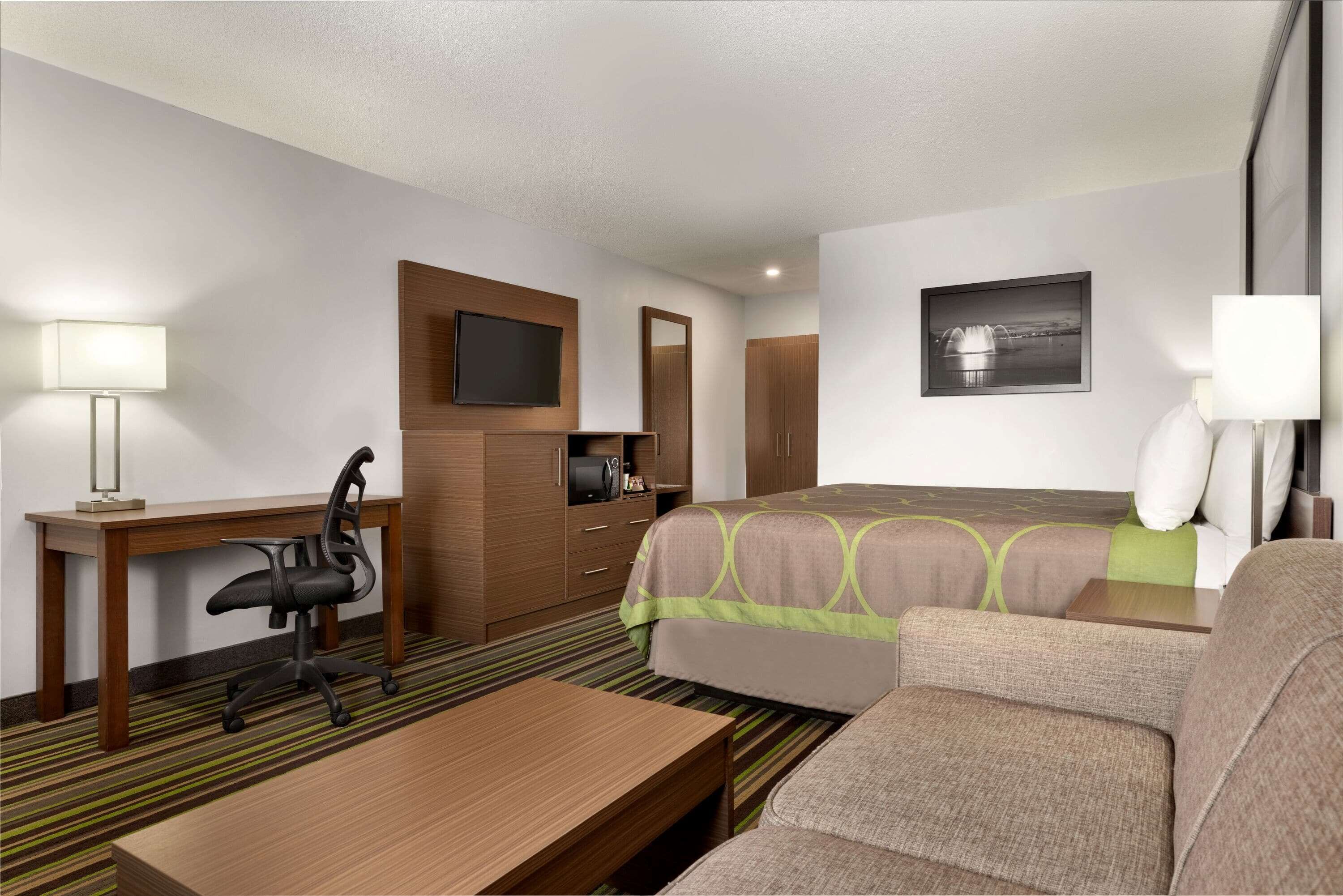 Habitación de hotel con cama, escritorio, silla, televisión, espejo y un cuadro en la pared.