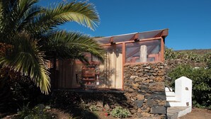 A modern house with a stone foundation, a glass enclosure, and a palm tree in the foreground.