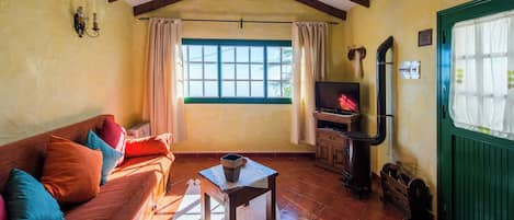 Una sala de estar acogedora con techo de madera, un sofá con cojines de colores, un televisor y una chimenea.