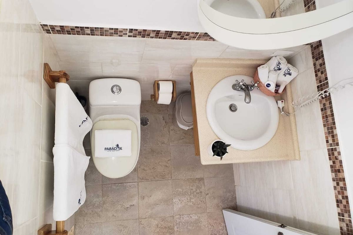 superior double room | bathroom | shower, free toiletries, hair dryer, towels