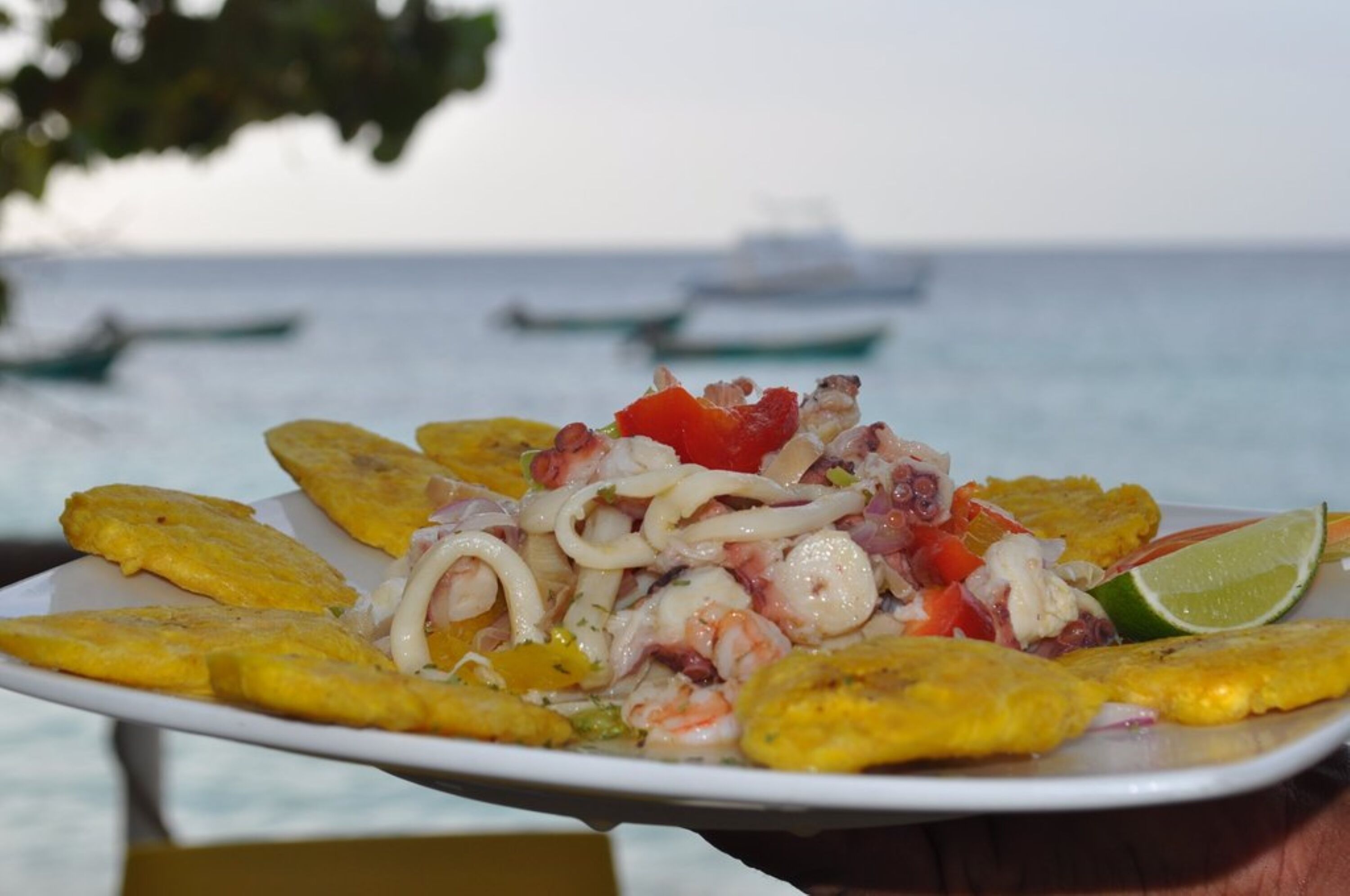 Une assiette de nourriture comprenant des fruits de mer et des bananes plantains, avec une vue sur la mer et des bateaux en arrière-plan.