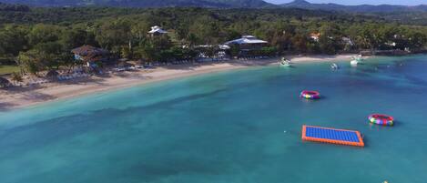 Private beach, white sand, sun loungers, snorkeling