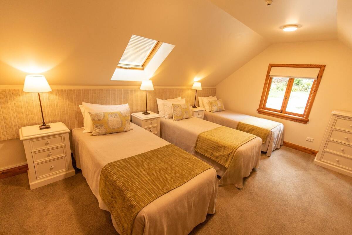 A bedroom with two single beds, a nightstand with drawers, a window with blinds, and a ceiling light.