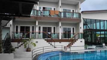 Outdoor pool, pool umbrellas, pool loungers