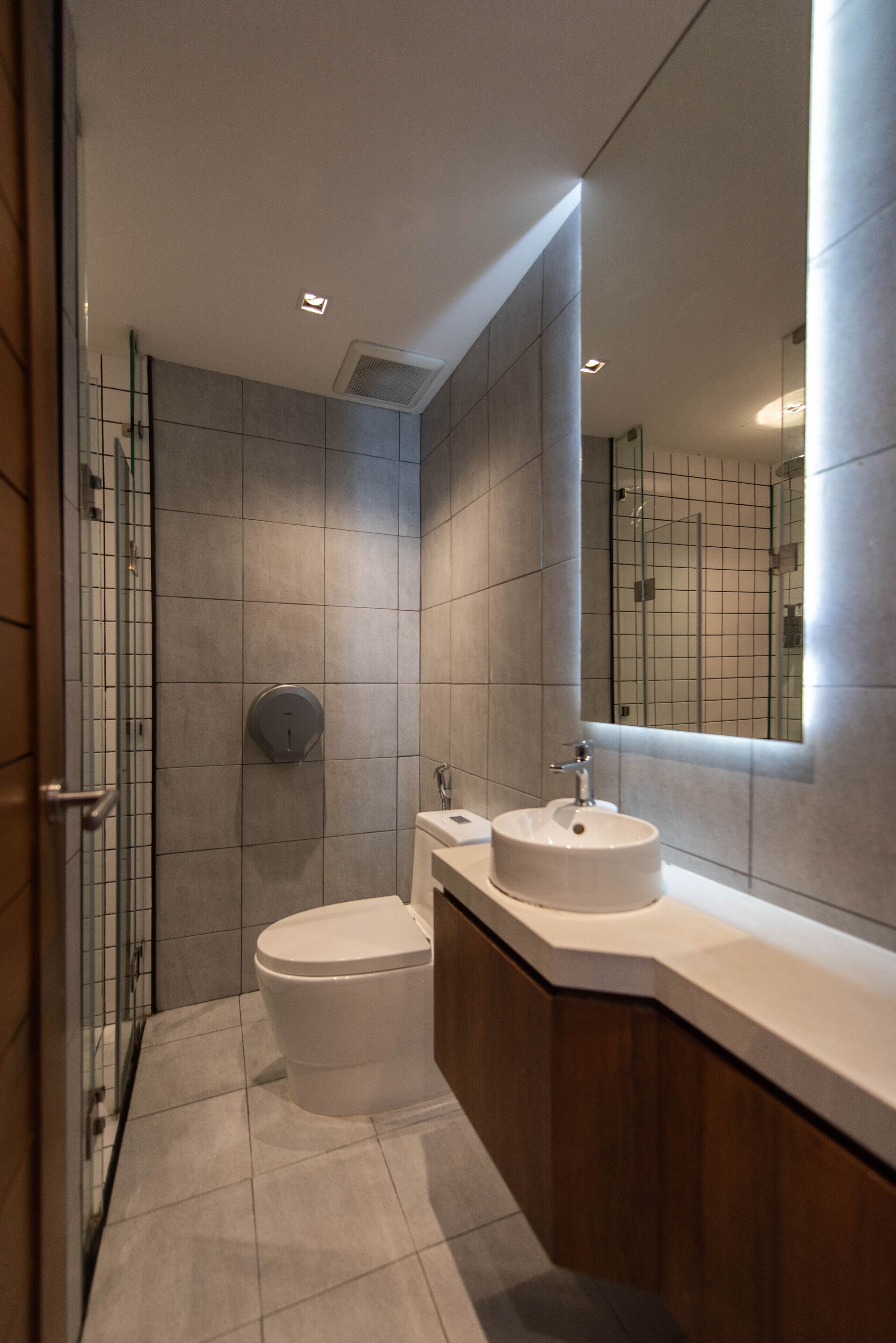 A modern bathroom with a glass shower enclosure, a white toilet, and a vanity with a mirror.
