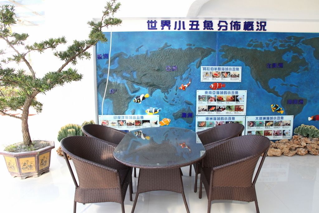 A seating area with wicker chairs and a round table in front of a world map display.