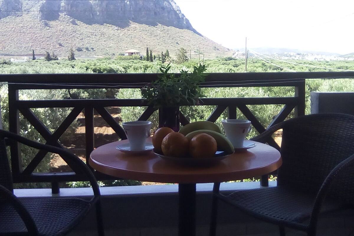 A table with a potted plant, a fruit bowl, and two cups on a balcony overlooking a mountainous landscape.