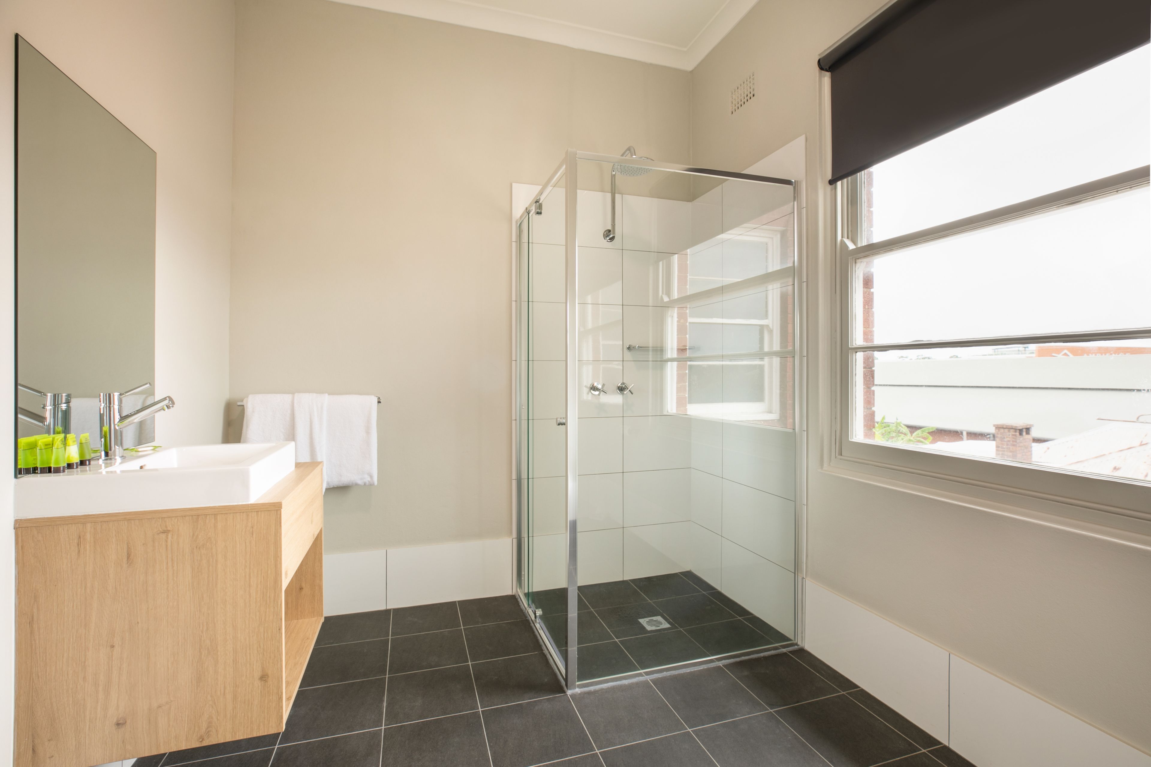 studio queen & single | bathroom | shower, hair dryer, towels