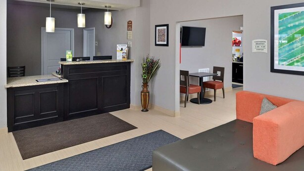 Eine moderne Küche mit dunklen Schränken, einer Arbeitsplatte und einem Blumenstrauß. Es gibt einen Essbereich mit Tisch und Stühlen sowie ein Wohnzimmer mit Sofa und Fernseher.