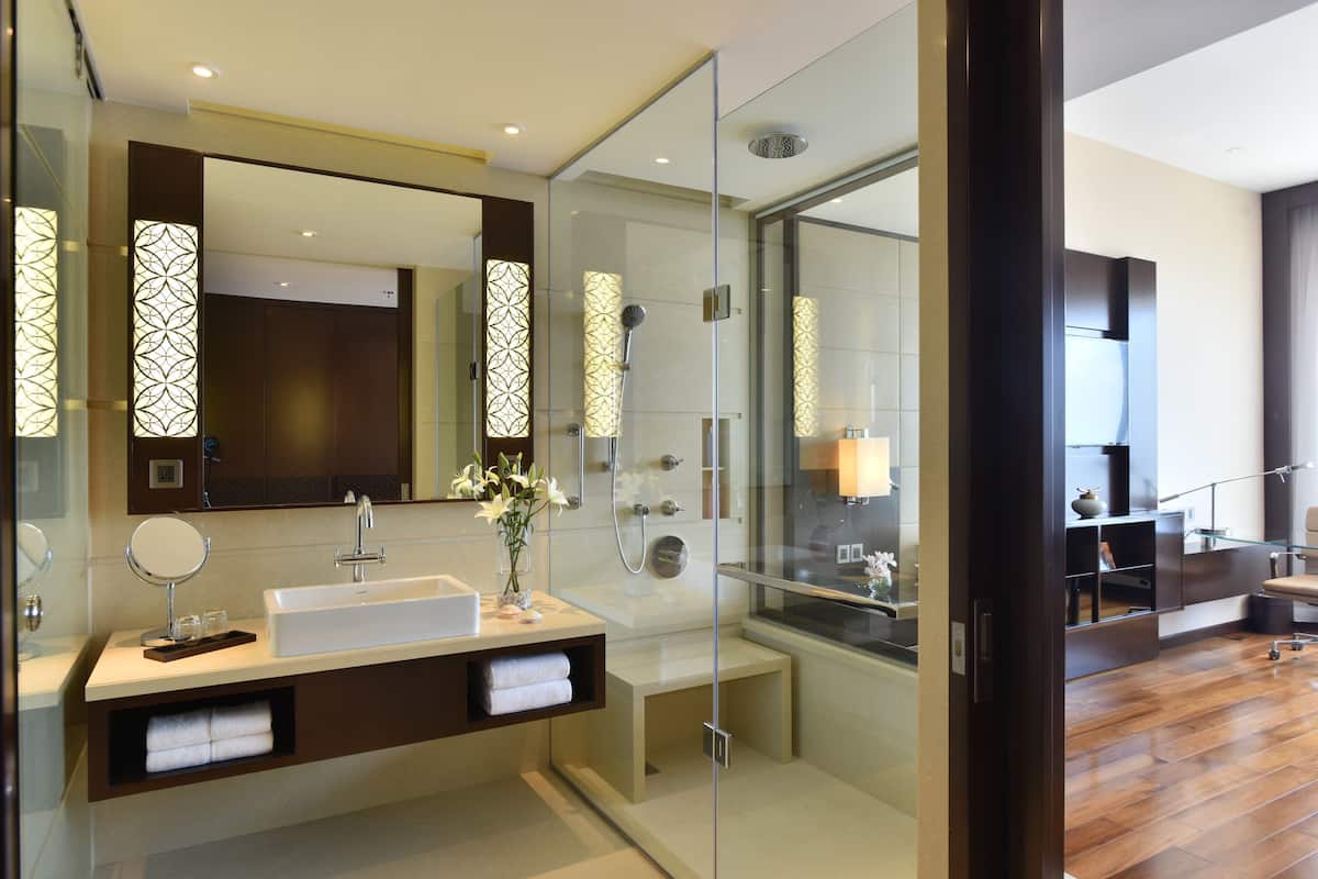 separate bathtub and shower, free toiletries, hair dryer, bathrobes