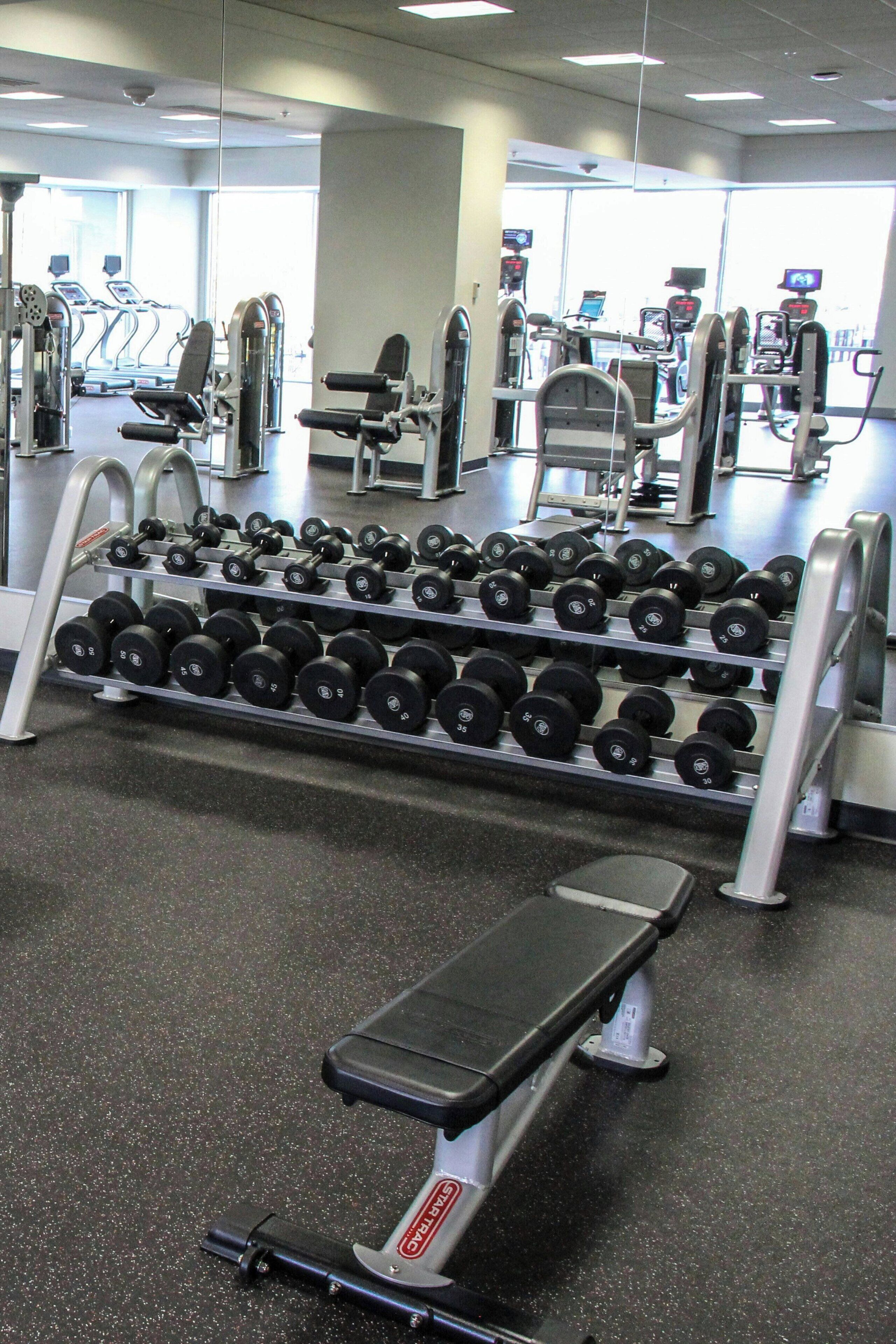A gym with weightlifting equipment, treadmills, and a bench.