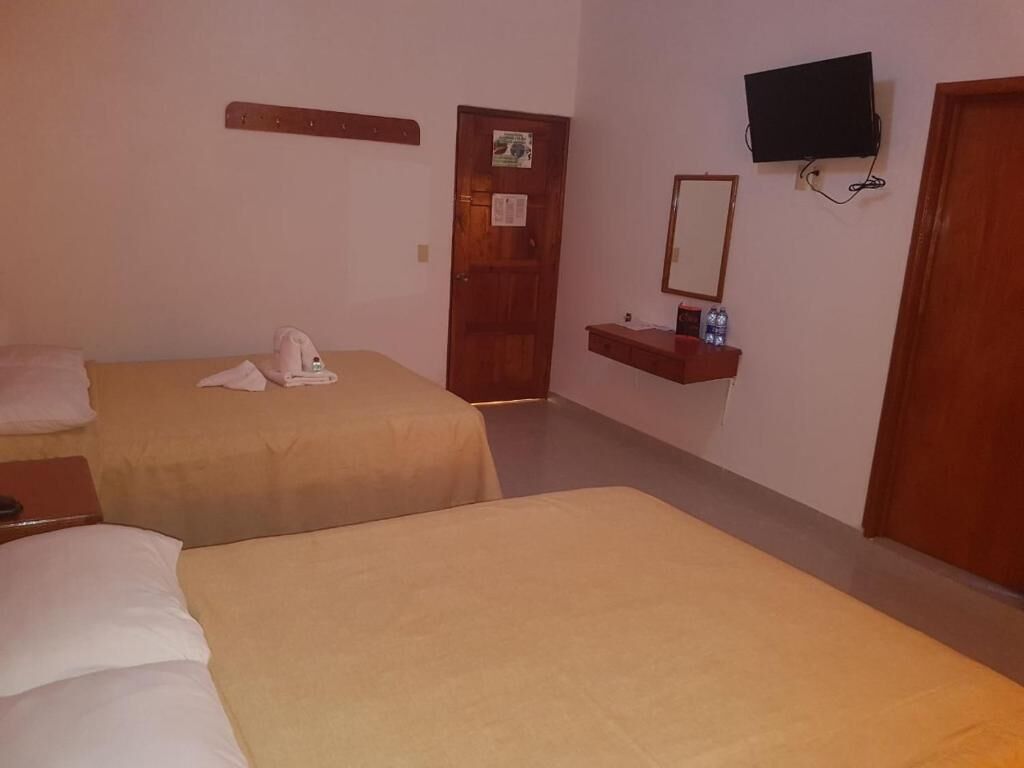 Habitación de hotel con dos camas, una puerta de madera, un televisor montado en la pared y un estante con artículos de aseo.