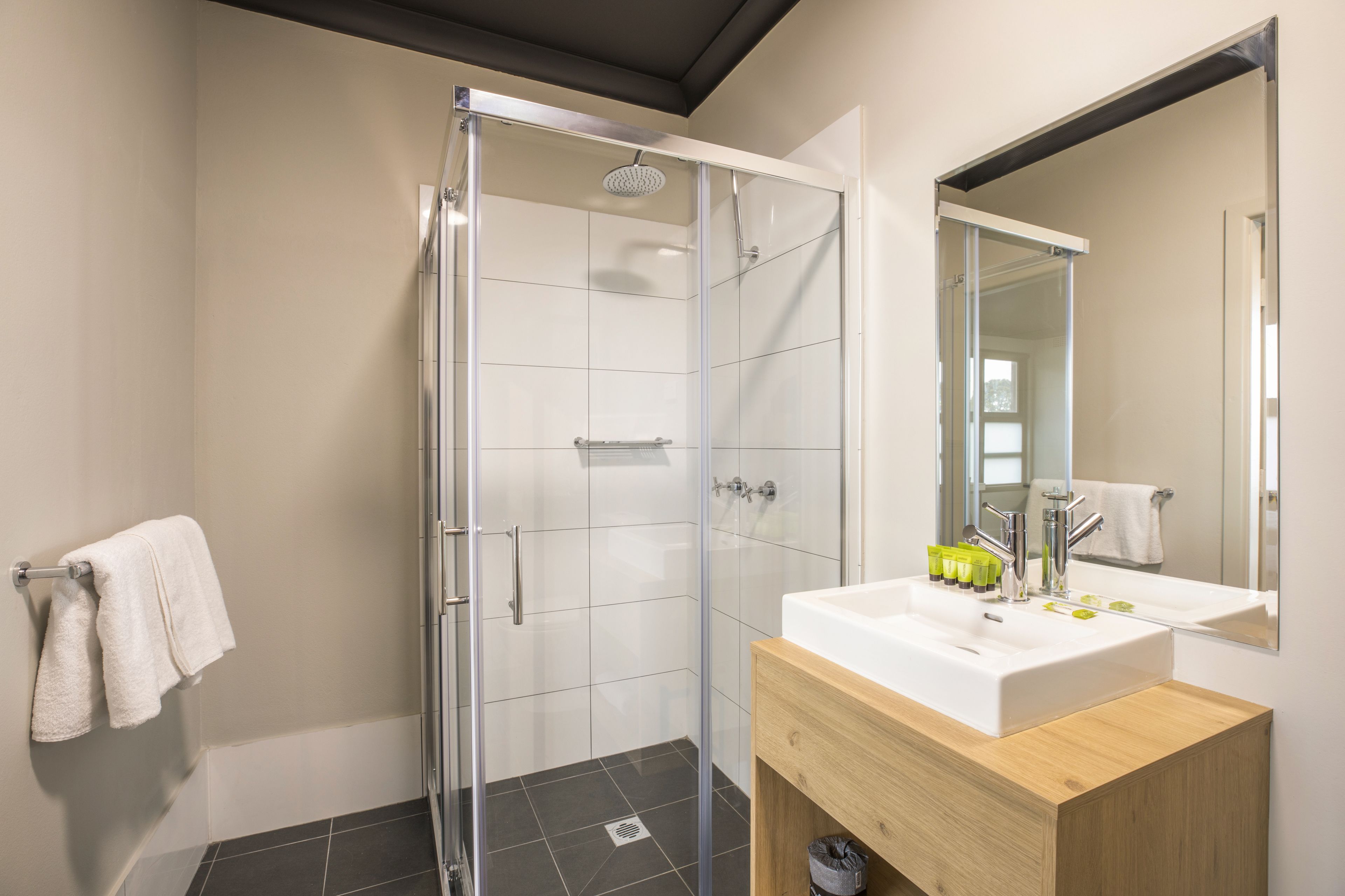 shower, rainfall showerhead, free toiletries, hair dryer