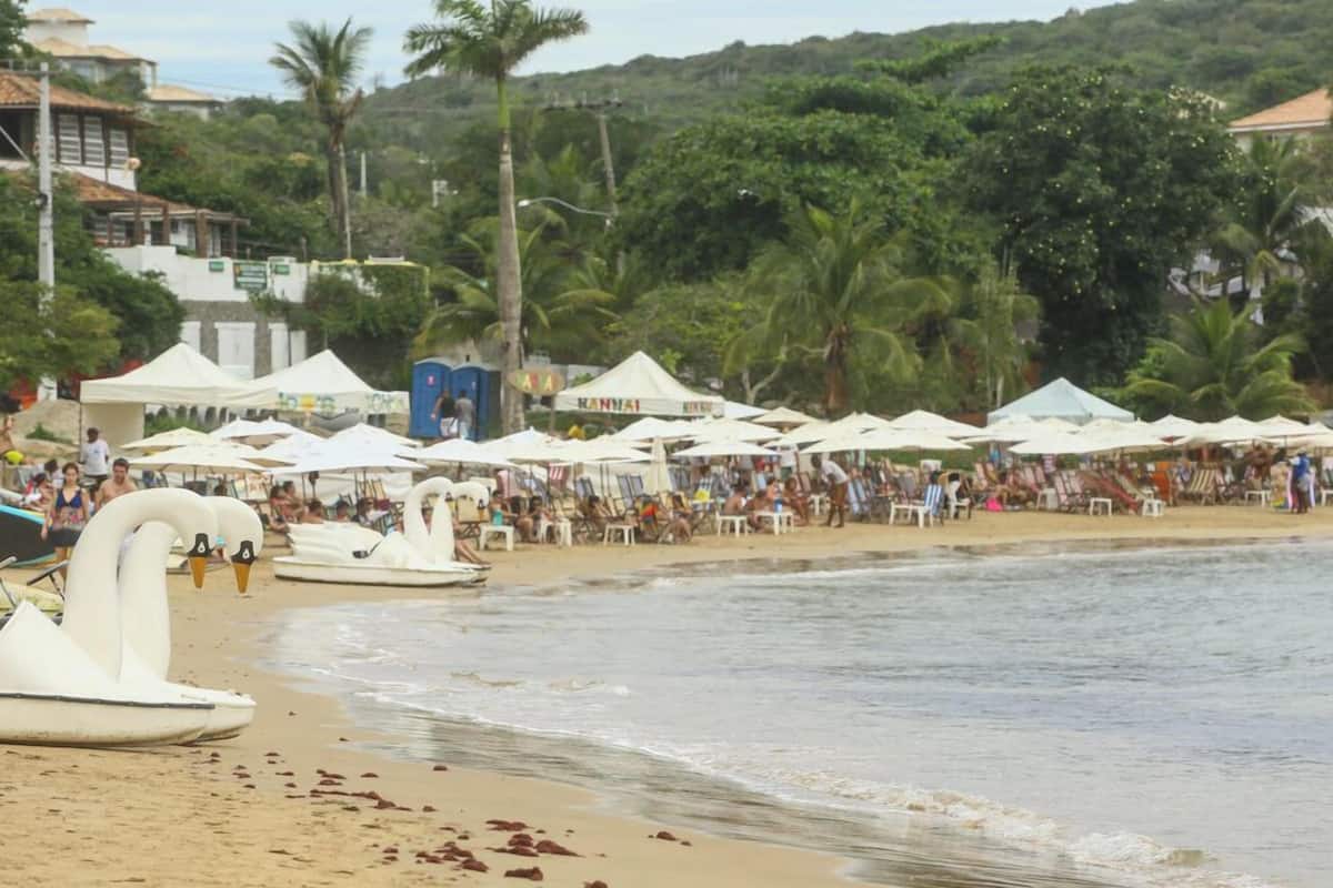 A beach with white swan-shaped boats, beach umbrellas, and people.