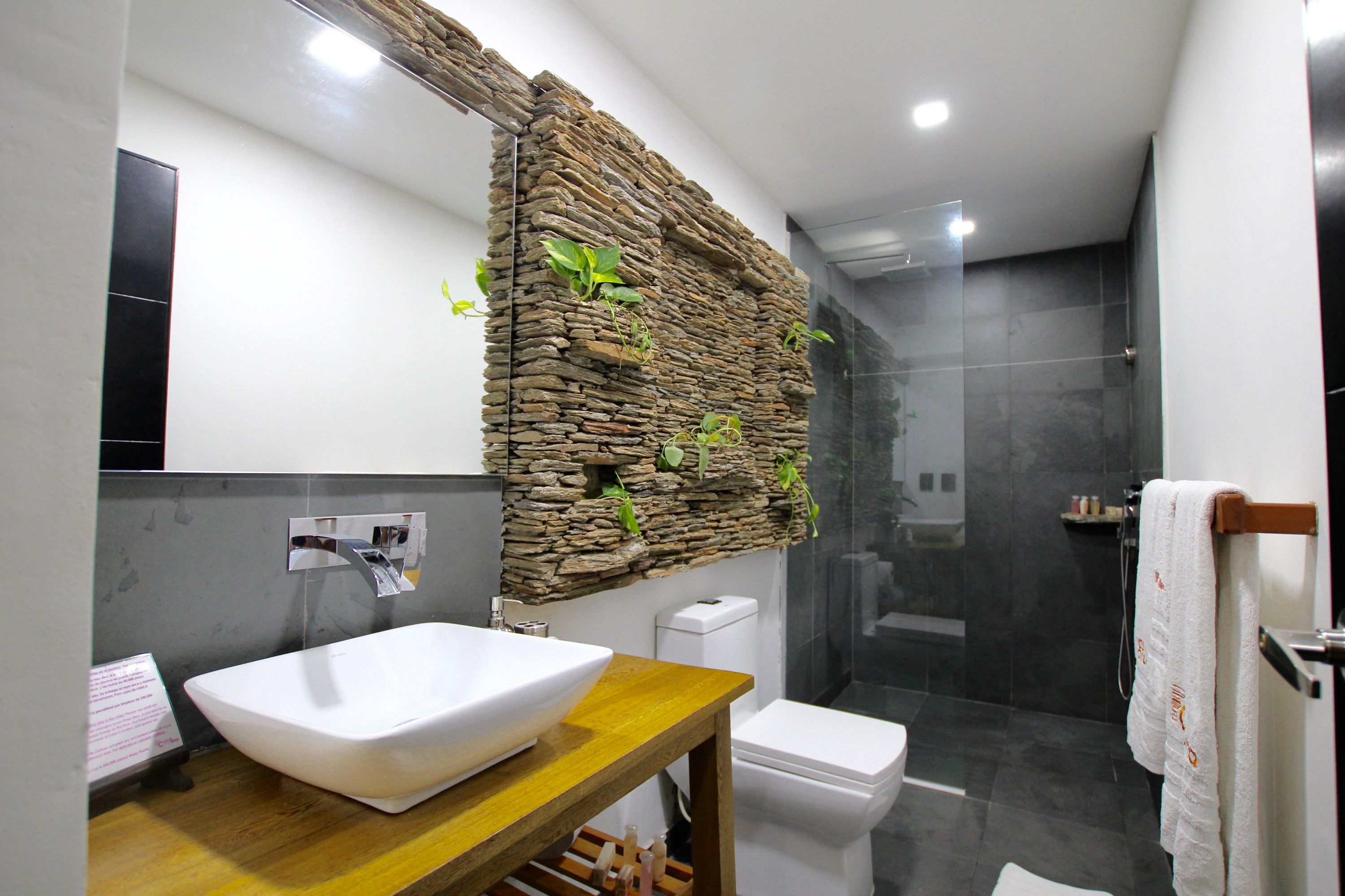 deluxe room | bathroom | shower, rainfall showerhead, designer toiletries, hair dryer