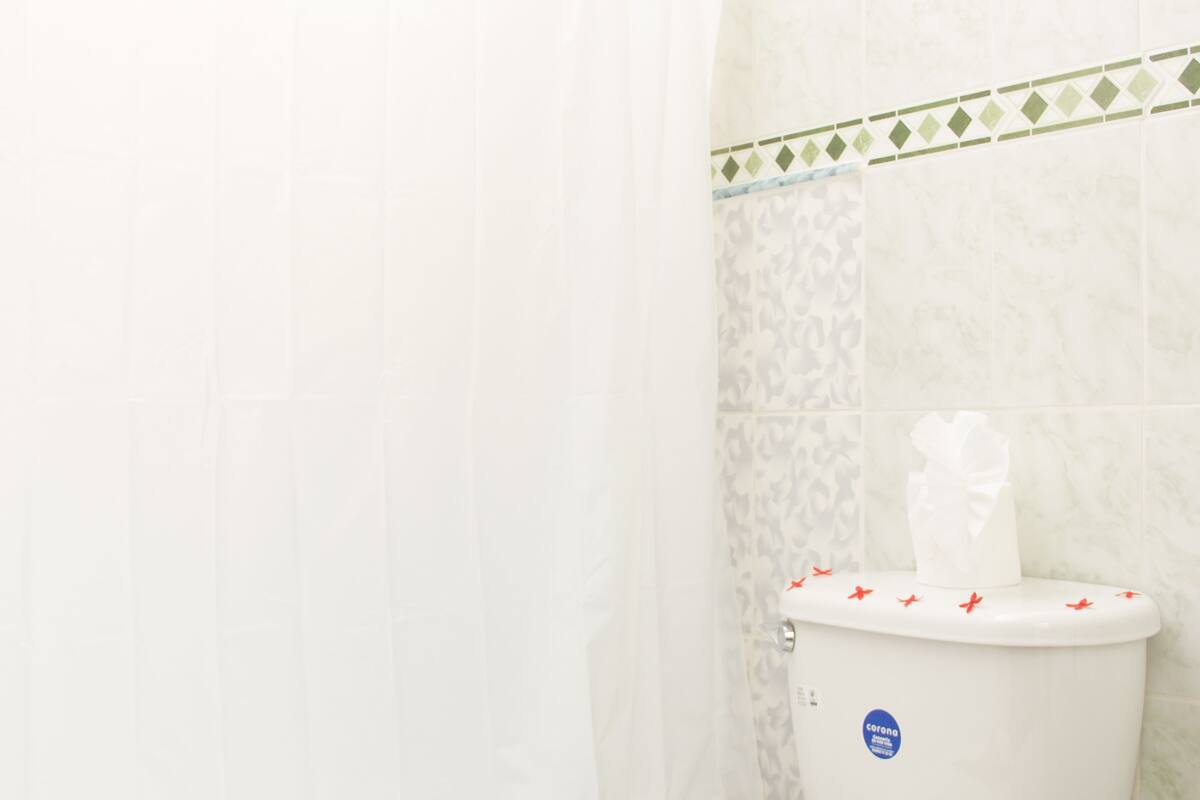 A bathroom with a toilet, a shower curtain, and patterned tiles.