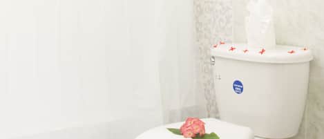A bathroom with a toilet, a shower curtain, and patterned tiles.