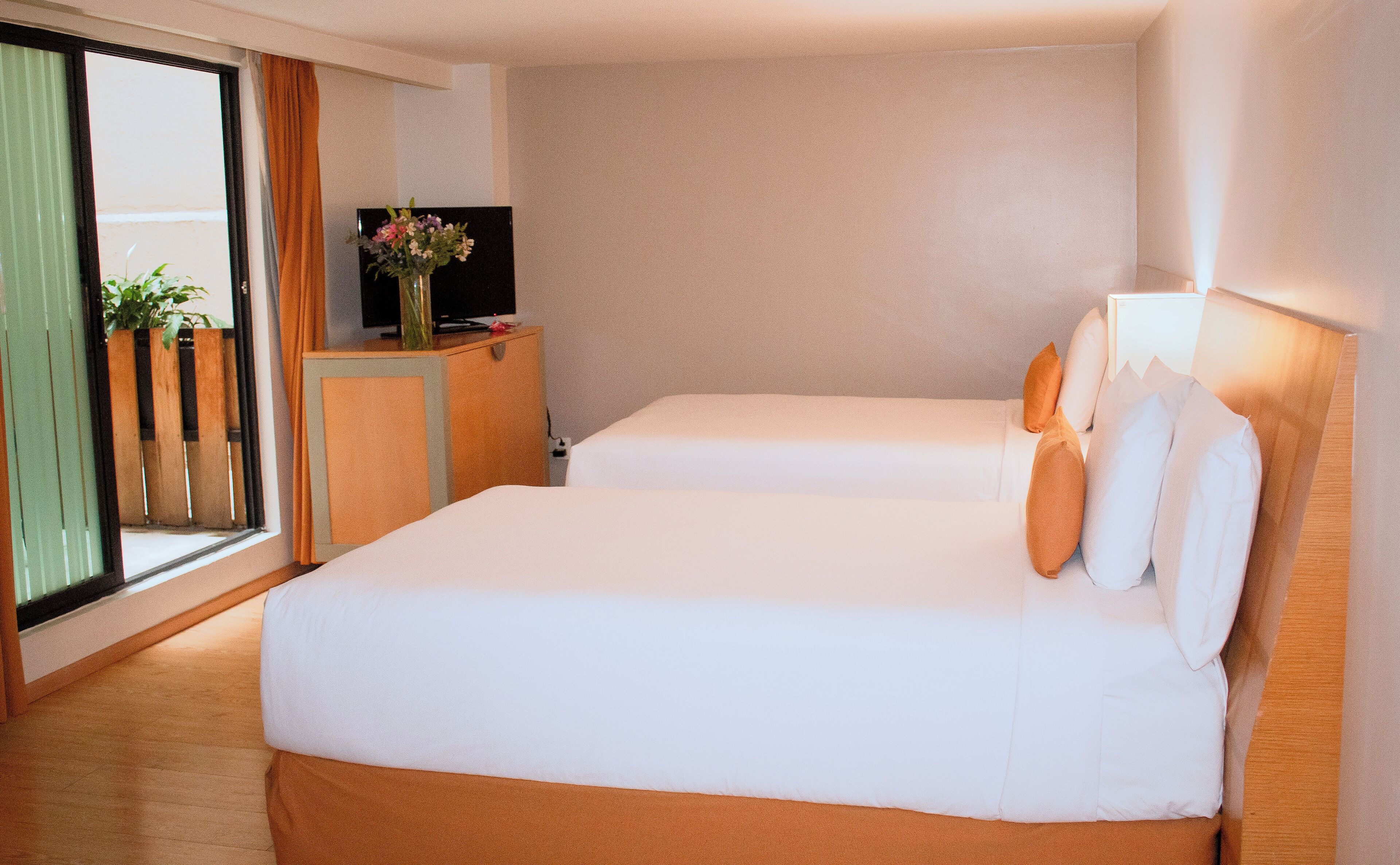 Habitación de hotel con dos camas, un escritorio con televisor, una ventana con cortinas y una planta.