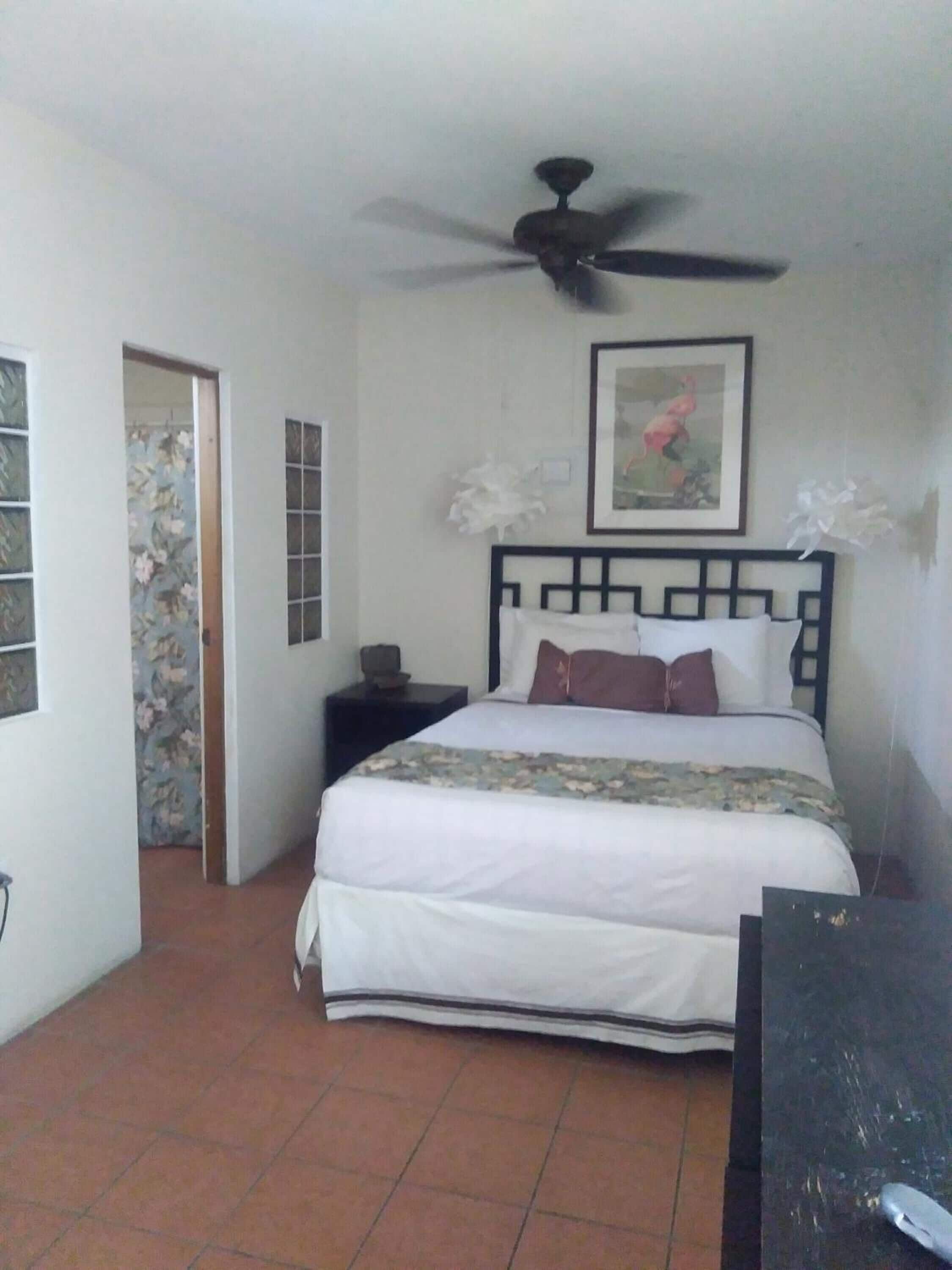 A bedroom with a bed, a ceiling fan, a nightstand, a framed picture, and a door leading to another room.