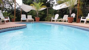 A swimming pool with white lounge chairs and potted plants around it. - Casa de Tortuga (Vieques)