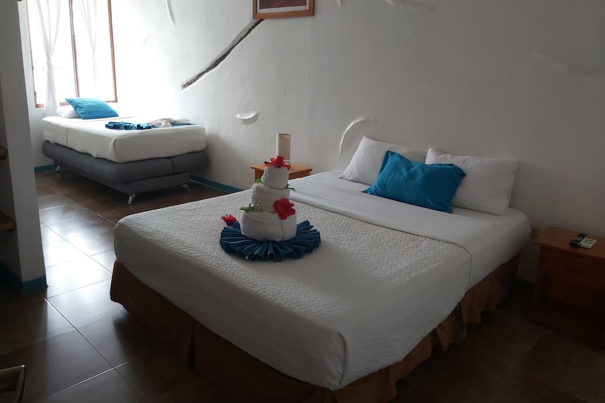 A hotel room with a large bed, a smaller sofa bed, a bedside table, and a nightstand.
