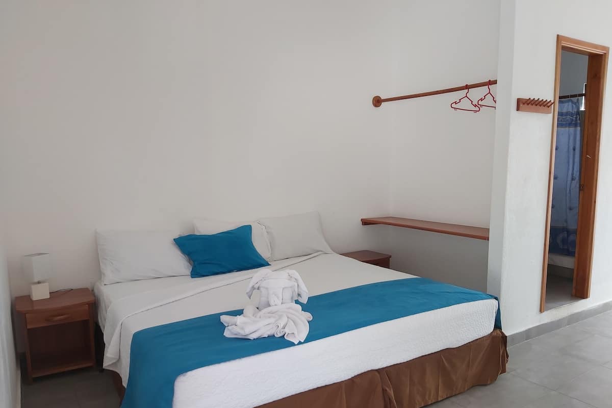 A neatly made bed with a blue and white bedspread, a white pillow, and a blue accent pillow. There is a wooden nightstand with a lamp and a small drawer. A wooden shelf is mounted on the wall above the bed.
