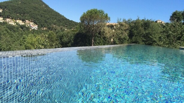 A clear blue pool with a tiled edge, surrounded by lush greenery and a hill in the background.